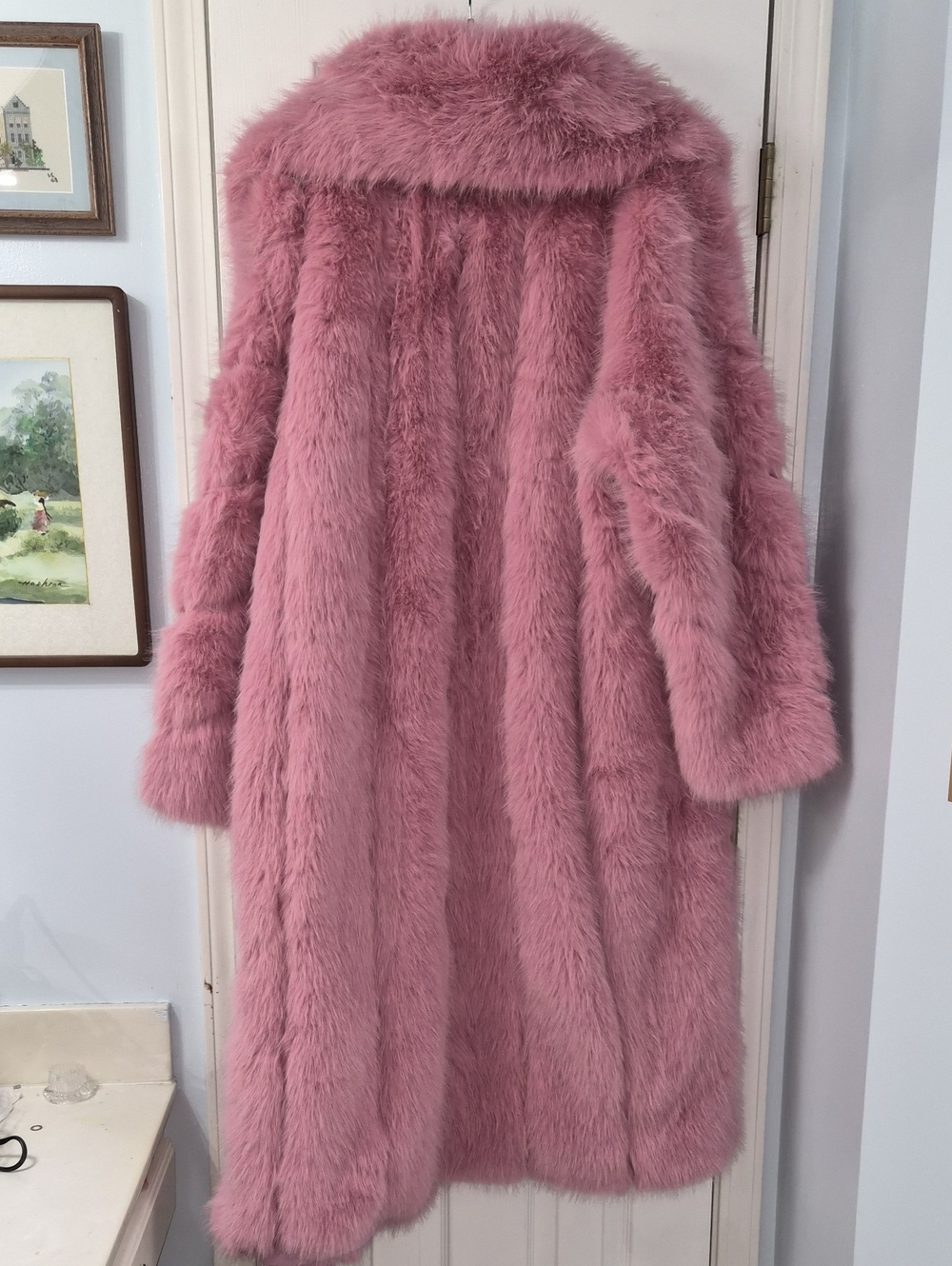 Pink Elegant Women's Long Collar Faux Fox Fur Coat - Picture 8 of 11